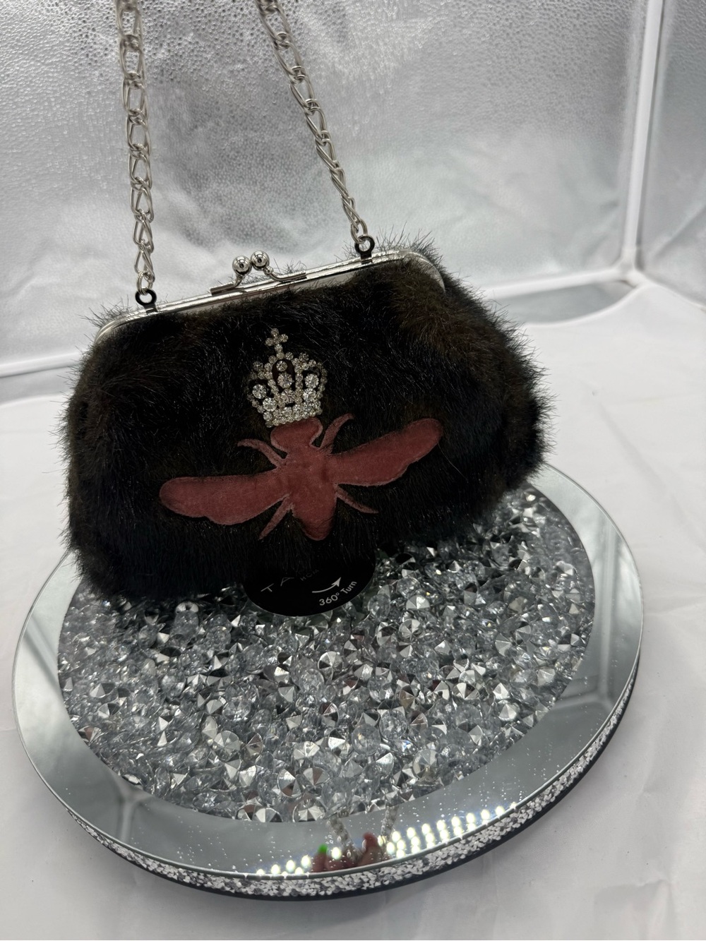 My Flat in London Faux-Fur Bee & Crown Chain Clutch in Black and Brown